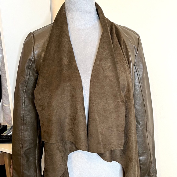 BNCI Blanc Noir Faux Leather Suede Jacket Size Small Brown Draped Scarf Coat - Picture 3 of 14